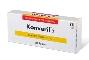 KONVERIL 5 MG 20 TABLET (enalapril) ürün ambalajı, tablet. Üretici: NOBEL İLAÇ SAN. VE TİC. A.Ş.