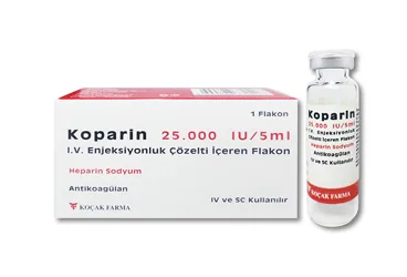 Heparin içeren çözelti: KOPARIN 25000 IU/5 ML ENJEKSIYONLUK COZELTI ICEREN 1 FLAKON kutu fotoğrafı. Üretici: KOÇAK FARMA İLAÇ VE KİMYA SANAYİ A.Ş.