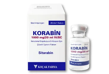 Sitozin arabinozid içeren çözelti: KORABIN 1000 MG/20 ML IV/SC INTRATEKAL ENJEKSIYON/INFUZYON ICIN COZELTI ICEREN FLAKON (1 FLAKON) ürün ambalajı. Üretici: KOÇAK FARMA İLAÇ VE KİMYA SANAYİ A.Ş.