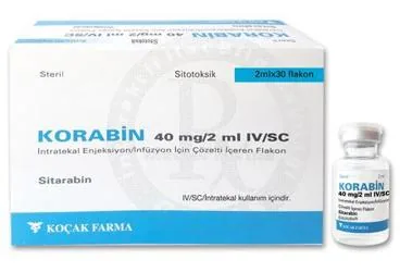 Sitozin arabinozid içeren çözelti: KORABIN 40 MG/2 ML IV/SC INTRATEKAL ENJEKSIYON INFUZYON ICIN COZELTI ICEREN FLAKON (30 FLAKON) kutu fotoğrafı. Üretici: KOÇAK FARMA İLAÇ VE KİMYA SANAYİ A.Ş.