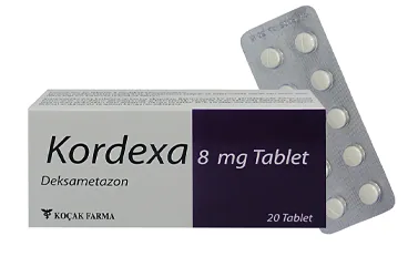 Deksametazon içeren tablet: KORDEXA 8 MG 20 TABLET ürün ambalajı. Üretici: KOÇAK FARMA İLAÇ VE KİMYA SANAYİ A.Ş.
