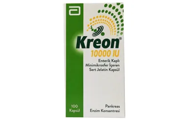 KREON 10000 IU 100 KAPSÜL ürün ambalajı. Pankreatin karışımları içeren kapsül. Üretici: ABBOTT LABORATUARLARI İTHALAT İHRACAT VE TİCARET LİMİTED ŞİRKETİ.
