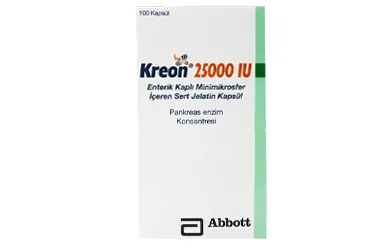 KREON KAPSUL 25000 300 MG 100 KAPSÜL kutu fotoğrafı. Pankreatin karışımları içeren kapsül. Üretici: ABBOTT LABORATUARLARI İTHALAT İHRACAT VE TİCARET LİMİTED ŞİRKETİ.