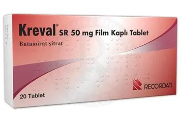 Butamirat sitrat içeren film kaplı tablet: KREVAL SR 50 MG 20 FILM KAPLI TABLET ambalajı. Üretici: RECORDATİ İLAÇ SANAYİ VE TİCARET ANONİM ŞİRKETİ.