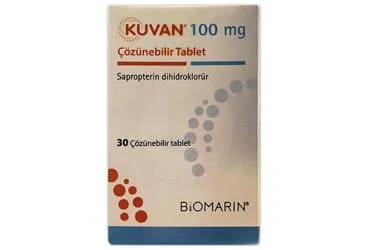 KUVAN 100 MG COZUNEBILIR 30 TABLET (sapropterin) ürün ambalajı, tablet. Üretici: BİOMARİN İLAÇ VE TİCARET LİMİTED ŞİRKETİ.