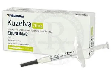 KUZELVA 70 MG ENJEKSIYONLUK COZELTI ICEREN KULLANIMA HAZIR ENJEKTOR (1 ENJEKTOR) kutusu. Erenumab içeren çözelti. Üretici: FARMANOVA SAĞLIK HİZMETLERİ LTD.ŞTİ.