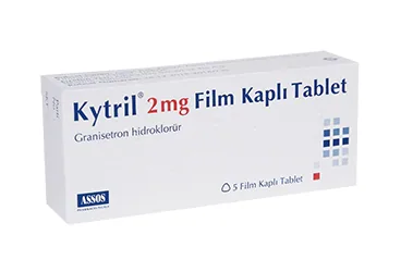 KYTRIL 2 MG 5 FILM TABLET ambalajı. Granisetron içeren film kaplı tablet. Üretici: ASSOS İLAÇ KİMYA GIDA ÜRÜNLERİ ÜRETİM VE TİC. A.Ş.
