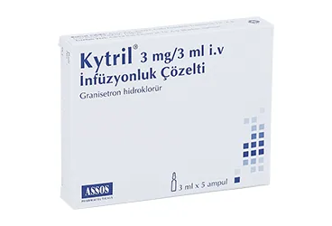 Granisetron içeren ampul: KYTRIL 3 MG 5 AMPUL ürün ambalajı. Üretici: ASSOS İLAÇ KİMYA GIDA ÜRÜNLERİ ÜRETİM VE TİC. A.Ş.