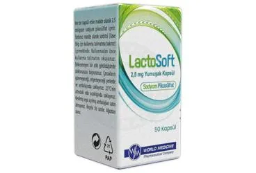LACTOSOFT 2,5 MG YUMUSAK KAPSUL ürün ambalajı. Sodyum pikosülfat içeren yumuşak kapsül. Üretici: WORLD MEDICINE İLAÇ SAN. VE TİC. A.Ş.