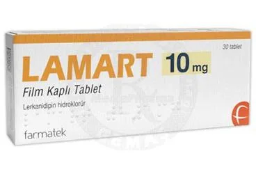 LAMART 10 MG FILM KAPLI TABLET kutu fotoğrafı. Lerkanidipin hcl içeren film kaplı tablet. Üretici: FARMA-TEK İLAÇ SANAYİ VE TİCARET A.Ş.