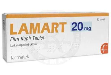 LAMART 20 MG FILM KAPLI TABLET (lerkanidipin hcl) ürün ambalajı, film kaplı tablet. Üretici: FARMA-TEK İLAÇ SANAYİ VE TİCARET A.Ş.