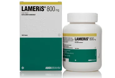 Sevelamer hidroklorür içeren film kaplı tablet: LAMERIS 800 MG 180 FILM KAPLI TABLET ürün ambalajı. Üretici: ABDİ İBRAHİM İLAÇ SANAYİ VE TİCARET A.Ş.