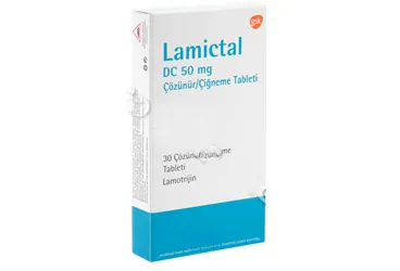 Lamotrijin içeren çiğneme tableti: LAMICTAL DC 25 MG COZUNUR 30 CIGNEME TABLETI ambalajı. Üretici: GLAXOSMİTHKLİNE İLAÇLARI SAN. VE TİC. A.Ş.
