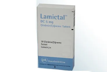 LAMICTAL DC 5 MG ÇÖZÜNÜR 30 ÇİĞNEME TABLETİ kutu fotoğrafı. Lamotrijin içeren çiğneme tableti. Üretici: GLAXOSMİTHKLİNE İLAÇLARI SAN. VE TİC. A.Ş.