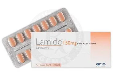Lakozamid içeren film kaplı tablet: LAMIDE 150 MG 56 FILM KAPLI TABLET ürün ambalajı. Üretici: ALİ RAİF İLAÇ SANAYİ A.Ş.