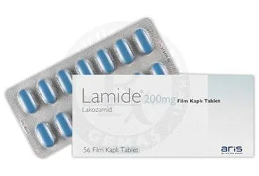 LAMIDE 200 MG 56 FILM KAPLI TABLET ambalajı. Lakozamid içeren film kaplı tablet. Üretici: ALİ RAİF İLAÇ SANAYİ A.Ş.