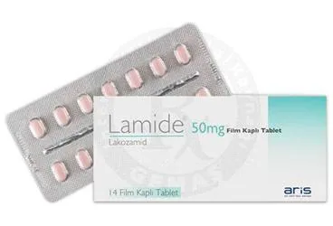 Lakozamid içeren film kaplı tablet: LAMIDE 50 MG 14 FILM KAPLI TABLET ambalajı. Üretici: ALİ RAİF İLAÇ SANAYİ A.Ş.