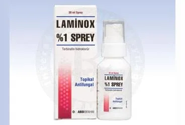 Terbinafin -topikal içeren çözelti: LAMINOX %1 SPREY COZELTI kutusu. Üretici: ORBİS PHARMA İLAÇ VE KİMYA KOZMETİK MEDİKAL SANAYİ TİCARET LİMİTED ŞİRKETİ.