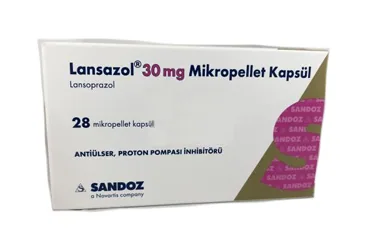 Lansoprazol içeren kapsül: LANSAZOL 30 MG 14 MİKROPELLET KAPSÜL ambalajı. Üretici: SANDOZ İLAÇ SANAYİ VE TİCARET A.Ş.