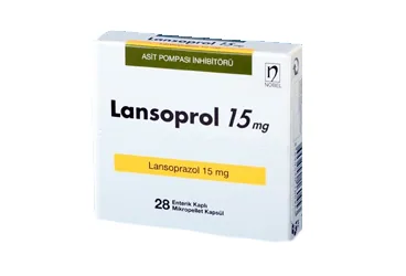LANSOPROL 15 MG 28 KAPSÜL kutusu. Lansoprazol içeren kapsül. Üretici: NOBEL İLAÇ SAN. VE TİC. A.Ş.