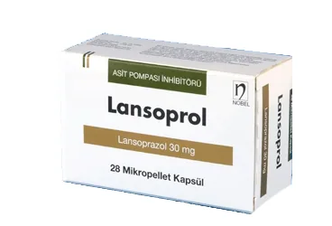 LANSOPROL 30 MG 14 MİK.KAPSÜL ürün ambalajı. Lansoprazol içeren kapsül. Üretici: NOBEL İLAÇ SAN. VE TİC. A.Ş.