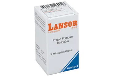 Lansoprazol içeren kapsül: LANSOR 30 MG 14 KAPSÜL ürün ambalajı. Üretici: SANOVEL İLAÇ SANAYİ VE TİCARET ANONİM ŞİRKETİ.