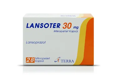 LANSOTER 30 MG 14 MIKROPELLET KAPSUL kutusu, kapsül formunda lansoprazol içerir. Üretici: TERRA İLAÇ VE KİMYA SAN. TİC. A.Ş.