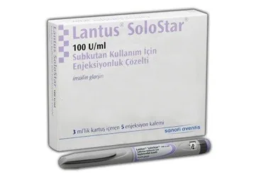 LANTUS SOLOSTAR 100 U/ML 3 ML .LİK KARTUŞ İÇEREN ENJ. KALEMİ kutusu. Etkin maddesi insülin glargine -uzun etkili. Üretici: SANOFİ SAĞLIK ÜRÜNLERİ LTD. ŞTİ.