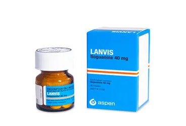 Tioguanin içeren tablet: LANVIS 40 MG TABLET kutu fotoğrafı. Üretici: VLD DANIŞMANLIK TIBBİ ÜRÜNLER VE TANITIM HİZMETLERİ A. Ş.