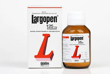 Amoksisilin içeren süspansiyon: LARGOPEN 125 MG 80 ML SUSPANSIYON kutusu. Üretici: BİLİM İLAÇ SANAYİİ VE TİCARET A.Ş.
