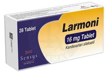 LARMONI 16 MG TABLET (28 TABLET) ambalajı. Kandesartan içeren tablet. Üretici: SENSYS İLAÇ SANAYİ ANONİM ŞİRKETİ.