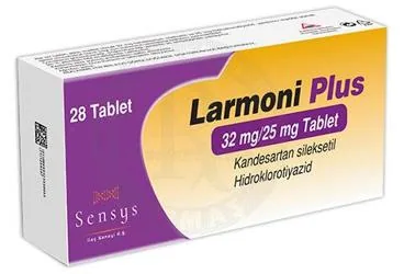 Kandesartan + hidroklorotiazid içeren tablet: LARMONI PLUS 32 MG/25 MG TABLET (28 TABLET) kutusu. Üretici: SENSYS İLAÇ SANAYİ ANONİM ŞİRKETİ.