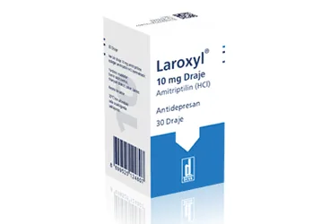 LAROXYL 10 MG FILM KAPLI TABLET (30 TABLET) ambalajı. Amitriptilin hcl içeren film kaplı tablet. Üretici: DEVA HOLDİNG ANONİM ŞİRKETİ.