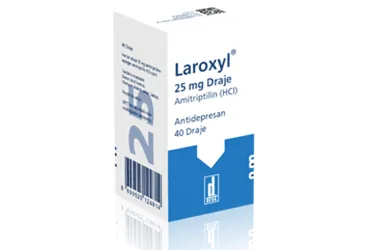 Amitriptilin hcl içeren film kaplı tablet: LAROXYL 25 MG FILM KAPLI TABLET (40 TABLET) ürün ambalajı. Üretici: DEVA HOLDİNG ANONİM ŞİRKETİ.