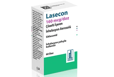 Siklesonid içeren inhalasyon aerosolü: LASECON 160 MCG/DOZ COZELTI ICEREN INHALASYON AERSOLU (60 DOZ) ürün ambalajı. Üretici: DEVA HOLDİNG ANONİM ŞİRKETİ.