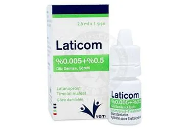 LATICOM %0.005 + %0.5 GOZ DAMLASI, COZELTI (timolol maleat + latanoprost) ürün ambalajı, göz damlası. Üretici: VEM İLAÇ SAN. VE TİC. ANONİM ŞİRKETİ.