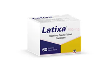 LATIXA 500 MG UZATILMIS SALIMLI 60 TABLET ürün ambalajı. Ranolazin içeren tablet. Üretici: MENARİNİ İLAÇ SANAYİ VE TİCARET A.Ş.
