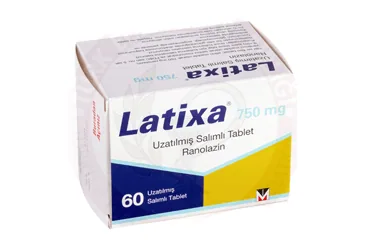 LATIXA 750 MG UZATILMIS SALIMLI 60 TABLET kutusu, tablet formunda ranolazin içerir. Üretici: MENARİNİ İLAÇ SANAYİ VE TİCARET A.Ş.