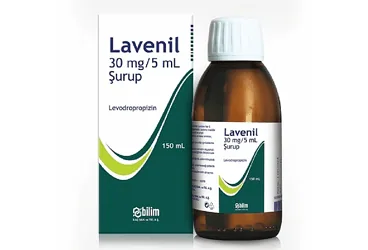 LAVENIL 30 MG/5 ML 150 ML SURUP kutu fotoğrafı. Levodropropizin içeren şurup. Üretici: BİLİM İLAÇ SANAYİİ VE TİCARET A.Ş.