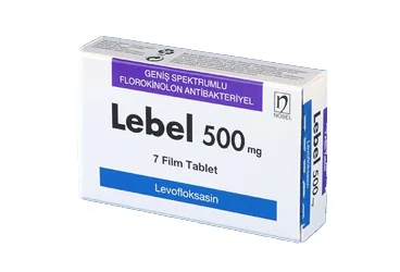 LEBEL 500 MG 7 FİLM TABLET kutusu. Levofloksasin içeren film kaplı tablet. Üretici: NOBEL İLAÇ SAN. VE TİC. A.Ş.