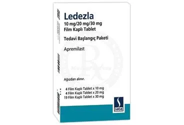 LEDEZLA 10 MG/ 20 MG/ 30 MG FILM KAPLI TABLET TEDAVI BASLANGIC PAKETI ürün ambalajı. Apremilast içeren film kaplı tablet. Üretici: SABA İLAÇ SANAYİİ VE TİCARET ANONİM ŞİRKETİ.