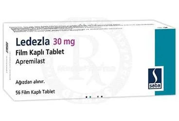 LEDEZLA 30 MG FILM KAPLI TABLET (56 TABLET) ürün ambalajı. Apremilast içeren film kaplı tablet. Üretici: SABA İLAÇ SANAYİİ VE TİCARET ANONİM ŞİRKETİ.