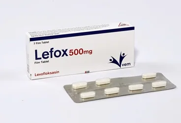 LEFOX 500 MG 7 FILM TABLET kutusu. Levofloksasin içeren film kaplı tablet. Üretici: VEM İLAÇ SAN. VE TİC. ANONİM ŞİRKETİ.