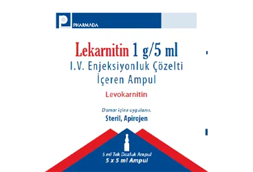 LEKARNITIN 1 G/5 ML IV ENJEKSIYONLUK COZELTI ICEREN 5 AMPUL ürün ambalajı, çözelti formunda karnitin içerir. Üretici: PHARMADA İLAÇ SANAYİ VE TİCARET A.Ş.