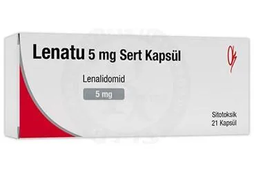 Lenalidomid içeren kapsül: LENATU 5 MG SERT KAPSUL (21 KAPSUL) ambalajı. Üretici: ONKO İLAÇ SANAYİ VE TİCARET ANONİM ŞİRKETİ.
