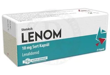 LENOM 10 MG SERT KAPSUL (21 KAPSUL) kutusu. Lenalidomid içeren kapsül. Üretici: WORLD MEDICINE İLAÇ SAN. VE TİC. A.Ş.