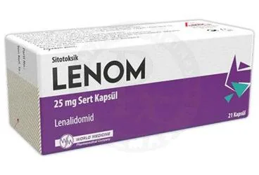 LENOM 25 MG SERT KAPSUL (21 KAPSUL) ambalajı. Lenalidomid içeren kapsül. Üretici: WORLD MEDICINE İLAÇ SAN. VE TİC. A.Ş.