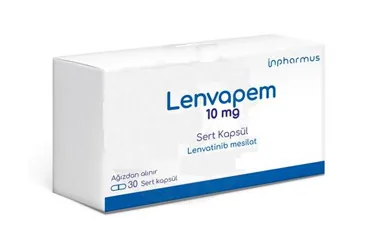 Lenvatinib içeren kapsül: LENVAPEM 10 MG SERT KAPSUL kutusu. Üretici: INPHARMUS İLAÇ SANAYİ TİCARET ANONİM ŞİRKETİ.