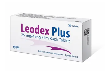 LEODEX PLUS 25 MG/4 MG 20 FILM KAPLI TABLET kutu fotoğrafı, film kaplı tablet formunda deksketoprofen + tiyokolşikozid içerir. Üretici: BİLİM İLAÇ SANAYİİ VE TİCARET A.Ş.