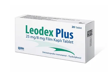 LEODEX PLUS 25 MG/8 MG 14 FILM KAPLI TABLET kutu fotoğrafı, film kaplı tablet formunda deksketoprofen + tiyokolşikozid içerir. Üretici: BİLİM İLAÇ SANAYİİ VE TİCARET A.Ş.
